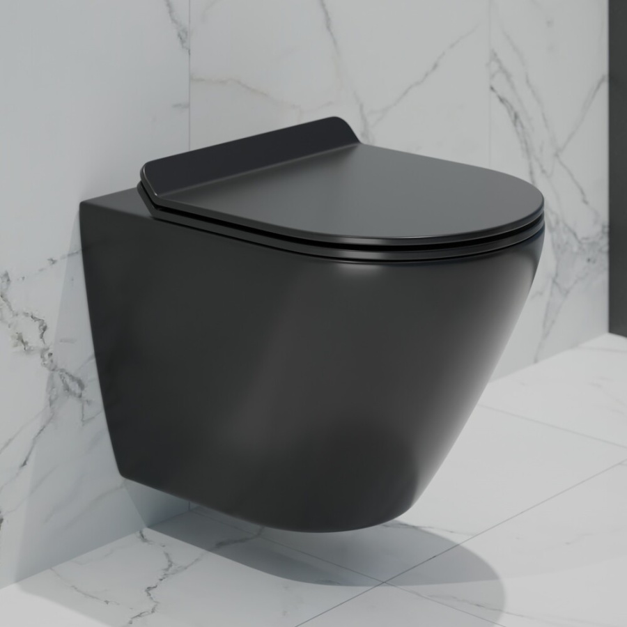 Унитаз подвесной K505BM ЧЕРНЫЙ МАТ безободковый, сиденье тонкое ДП, крепления фото