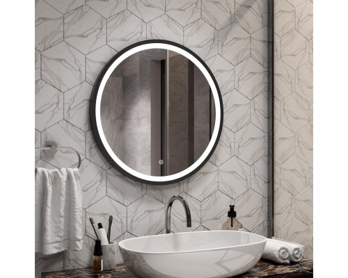 Зеркало 45242 D600 сенсор,подсветка,круглое,чер.обрамление фото