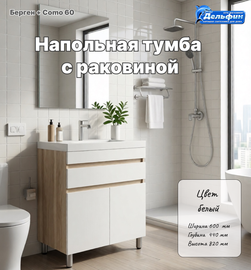Тумба "Берген" 1ящ. БЕЛЫЙ СОФТ PLUS с раковиной Como 60 фото
