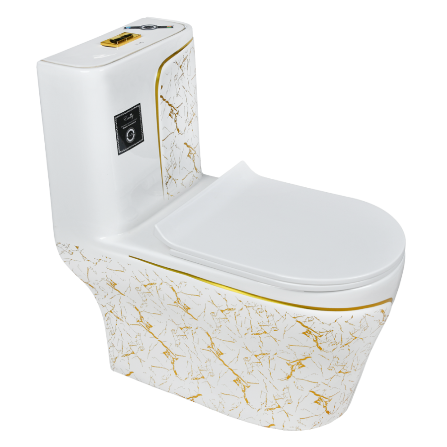 EY-9005 унитаз моноблок, дюропласт, микролифт, белый/золото фото