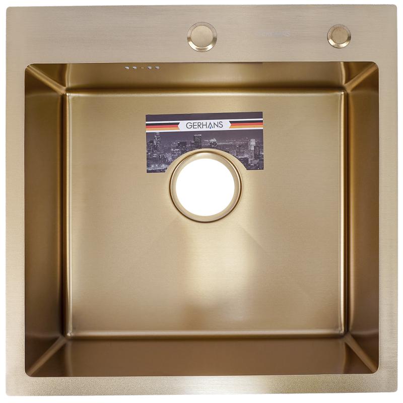 Мойка врезная GERHANS RK35050G 50*50см Золото 3,0мм, глубина 220мм + сифон фото