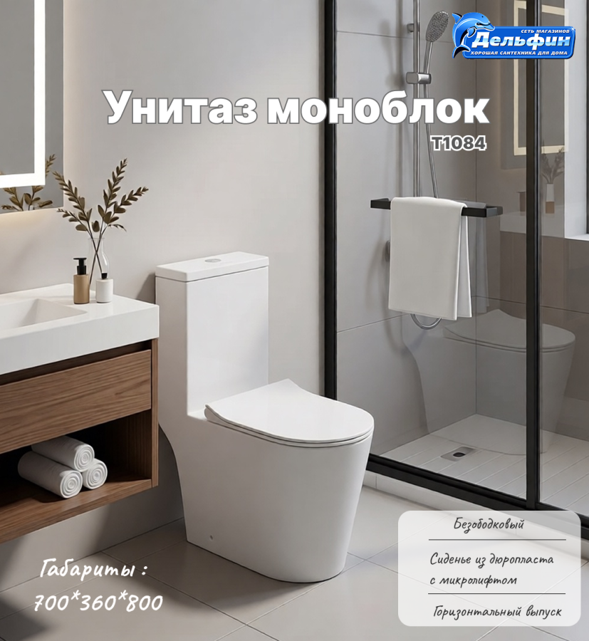 Монолит T1084 безободковый круговой смыв, сиденье тонкое ДП (с гофрой и подводкой) фото