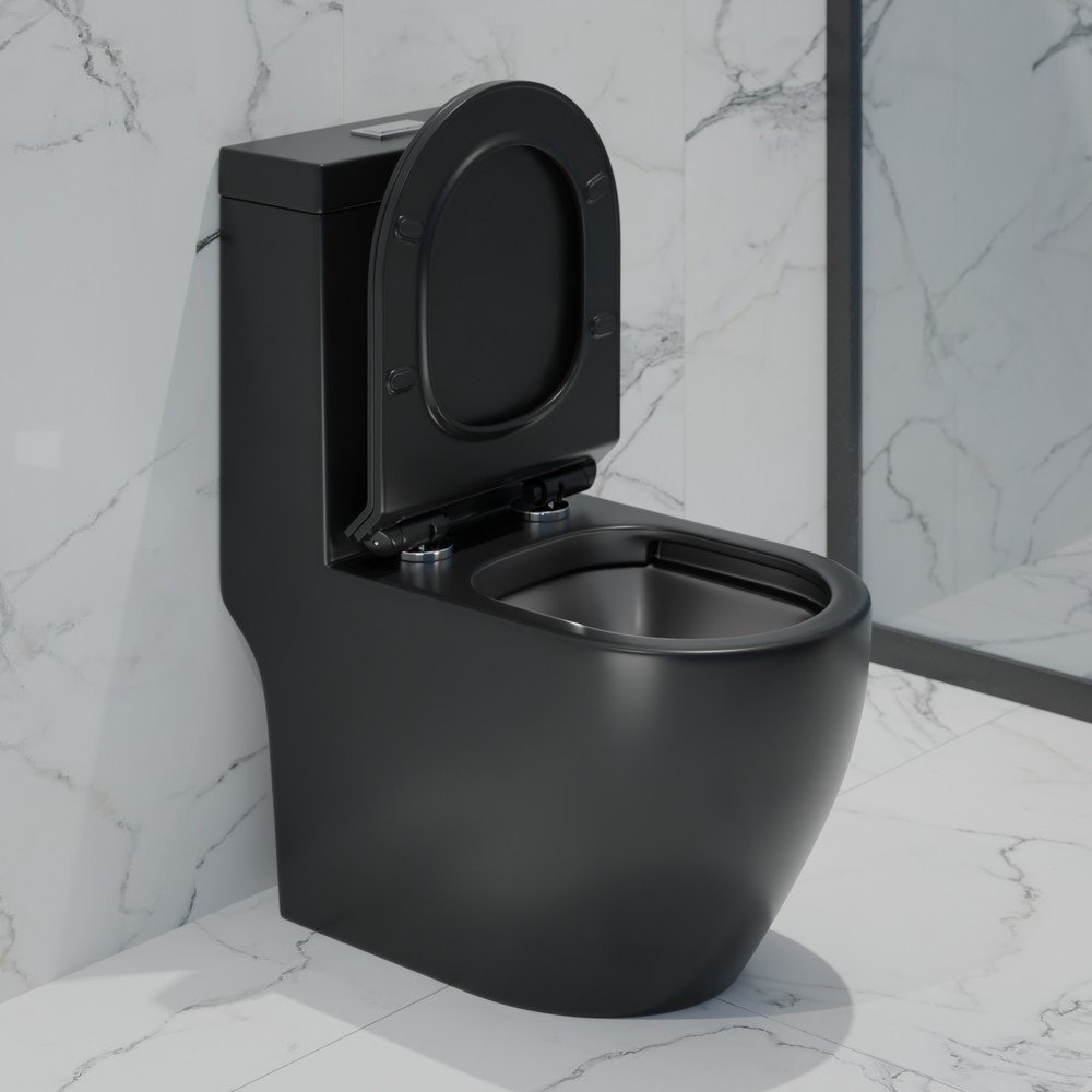 Монолит 5005BM безободковый, Черный матовый, сиденье тонкое ДП (с гофрой и подводкой) фото