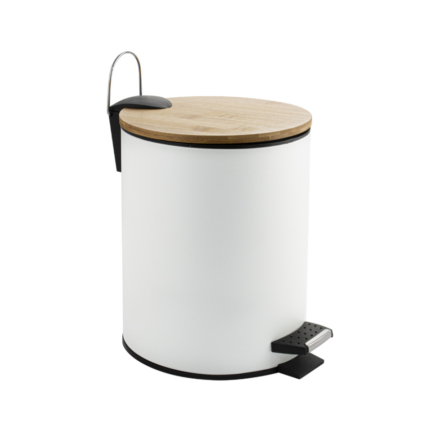 Ведро 1555 круглое, БЕЛОЕ эмаль с ДЕРЕВОМ, из нерж. стали, с педалью, 5л фото