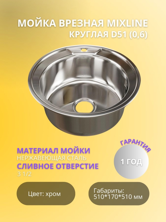 Мойка врез. d 51 (0,6) вып 3 1/2 17 см сифон в комплекте картинка Мойка врез. d 51 (0,6) вып 3 1/2 17 см сифон в комплекте фото