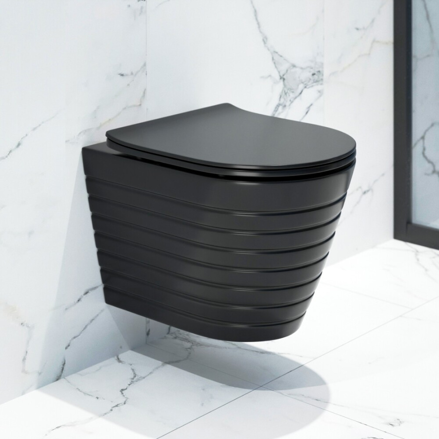 Унитаз подвесной K703BM черный матовый, безободковый, сиденье тонкое ДП, крепления фото