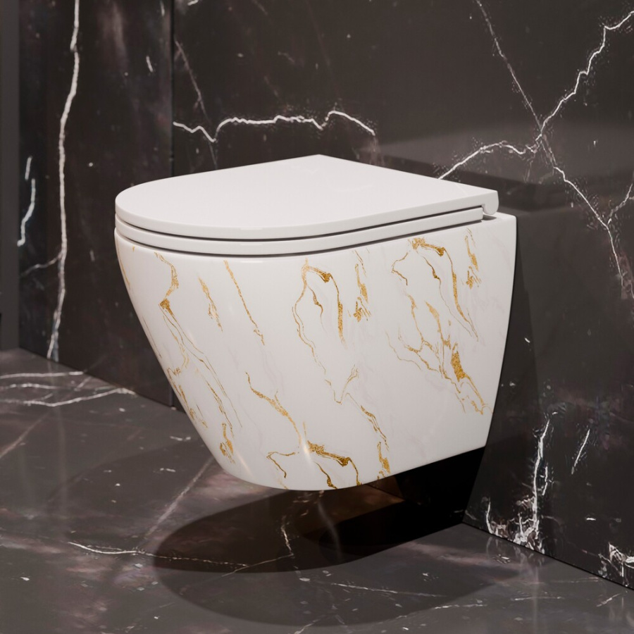 Унитаз подвесной K704MG золотой мрамор, безободковый, сиденье тонкое ДП, крепления фото