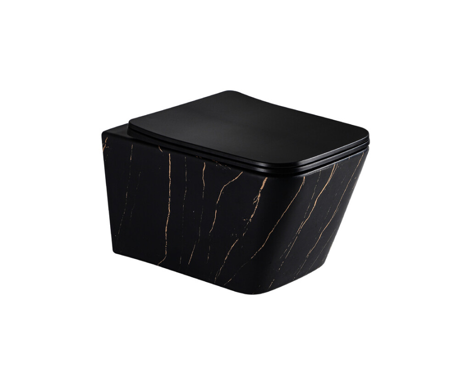 Унитаз подвесной EG633Black-G EvaGold МРАМОР ЧЕРНОЕ ЗОЛОТО безободковый, сиденье черн.мат. тонкое ДП фото