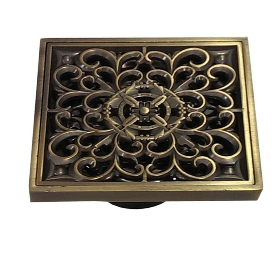 Трап вертикальный с сухим затвором воды 100*100 под старую бронзу с декором 00031 фото