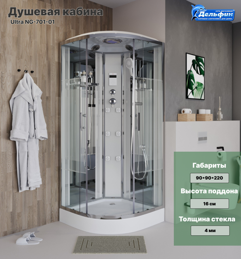 Душевая кабина Niagara Ultra NG-701-01 (90*90*220) низ.поддон(16см),стекло проз. с рисунком фото