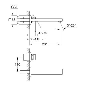 Смеситель для раковины Eurocube на 2 отверстия, вынос 230мм, настенный 23447000 GROHE #WF_CITY_VIN# картинка