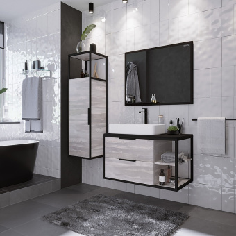 Тумба "ЛОФТ 90" 2ящ. подвесная шанико/металл черный с раковиной GR-3016 #WF_CITY_VIN# картинка