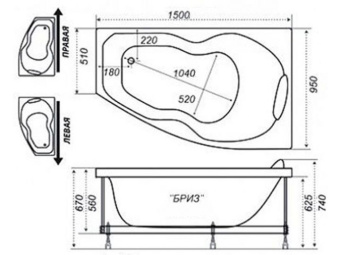 БРИЗ ванна ГМ+1Спина+1КрРег акрил. 150*950*670 Левая #WF_CITY_VIN# картинка