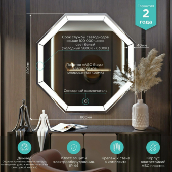 Зеркало MIXLINE "Ренато" 800*800 сенсор, с гравировкой #WF_CITY_VIN# картинка