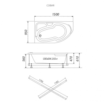 Акриловая ванна София 150*95 левая+каркас София+Экран София 150 #WF_CITY_VIN# картинка
