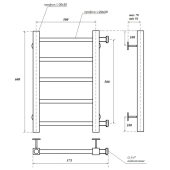 Полотенцесушитель Вега Point PN71556B П5 500*600 водяной, с бок.подкл, черный #WF_CITY_VIN# картинка