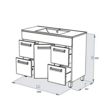 Тумба "НИКА 101" 4 ящ. 1 дв.белая напольная с раковиной 825 E 1000 ТРИТОН #WF_CITY_VIN# картинка